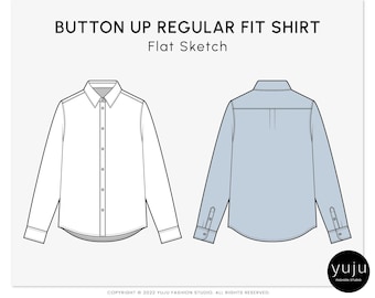 Button Up Regular Fit Shirt - Fashion Flat Sketch, Fashion Template, Technical Drawing, Vector CAD