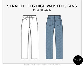 Straight Leg High Waisted Jeans - Fashion Flat Sketch, Fashion Template, Technical Drawing, Vector CAD