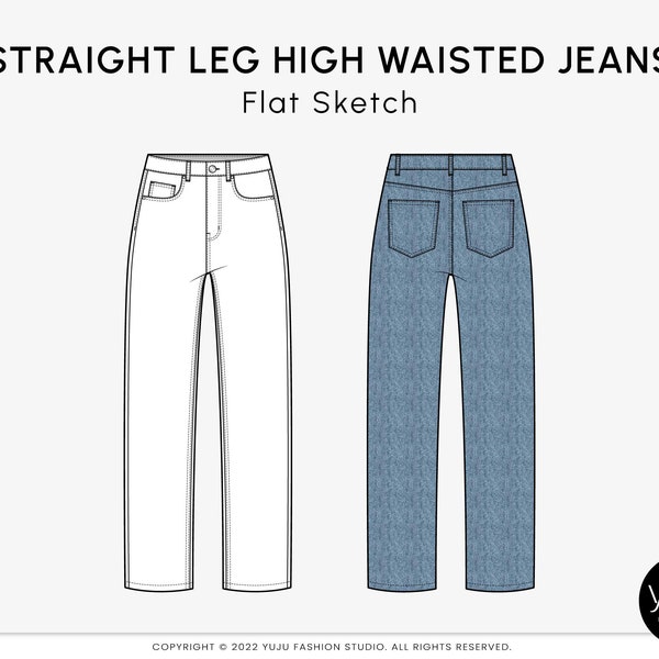 Straight Leg High Waisted Jeans - Fashion Flat Sketch, Fashion Template, Technical Drawing, Vector CAD