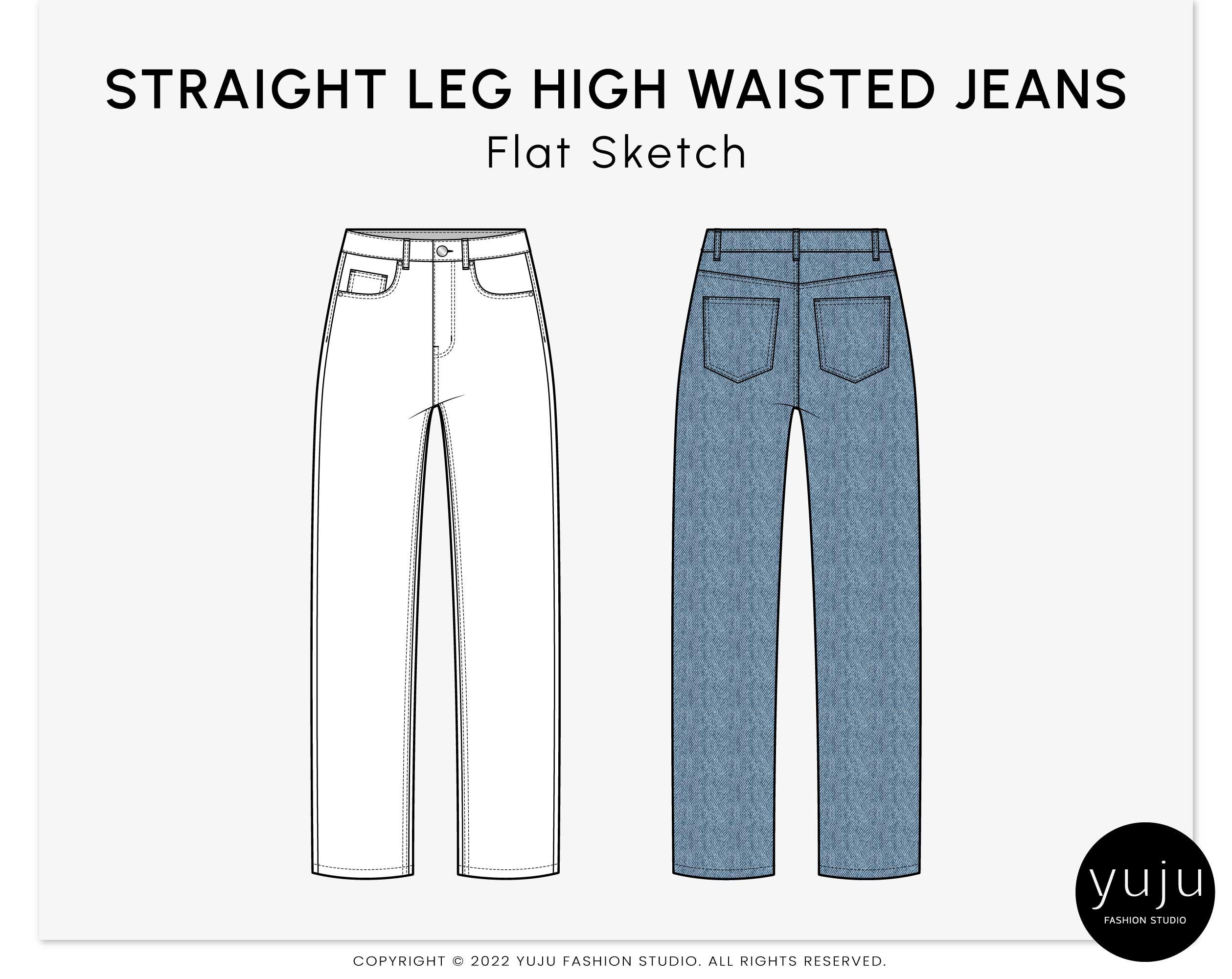 Straight Leg High Waisted Jeans Fashion Flat Sketch, Fashion Template,  Technical Drawing, Vector CAD 