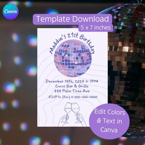 Invitación de cumpleaños de discoteca - Invitación de cumpleaños número 21 - Invitación de fiesta de cumpleaños - Invitación de bola de discoteca - Celebración número 21