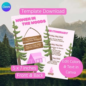 Kaartsjabloon vrijgezellenkamp, aanpasbare vrijgezellenfeestuitnodiging, glamping vrijgezellenfeest, meisjesreis, Women in the Woods-retraite