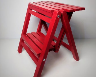 Red (or CUSTOM color) Foldable Wood Step Stool, Library Ladder, 2-step Folding Stool, Montessori Tower, Folding Helper Tower