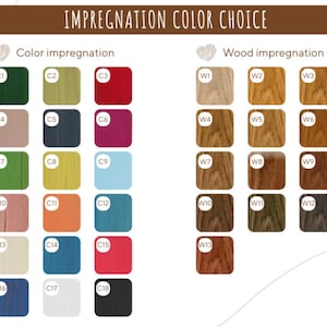 May include: A colour chart labelled "IMPREGNATION COLOUR CHOICE" displaying 18 colour options, labelled C1 to C18, and 13 wood impregnation options, labelled W1 to W13. Each colour and wood sample is presented in a square.