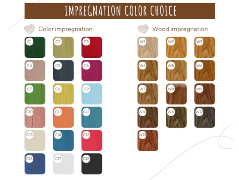 May include: A colour chart labelled "IMPREGNATION COLOUR CHOICE" displaying 18 colour options, labelled C1 to C18, and 13 wood impregnation options, labelled W1 to W13. Each colour and wood sample is presented in a square.