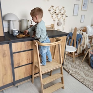 Foldable Wooden Kitchen Tower - Kids Helper for Kitchen - Toddler Tower - Montessori Helper Step Stool - Adjustable Kitchen Tower