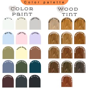 Pu&ograve; includere: Una tavolozza di colori con campioni di vernice e tinta per legno. I campioni di vernice includono bianco, azzurro, crema, rosa chiaro, lavanda, oliva, giallo burro, mousse, grigio-blu, verde foresta, oceano, cioccolato, grigio scuro e nero.