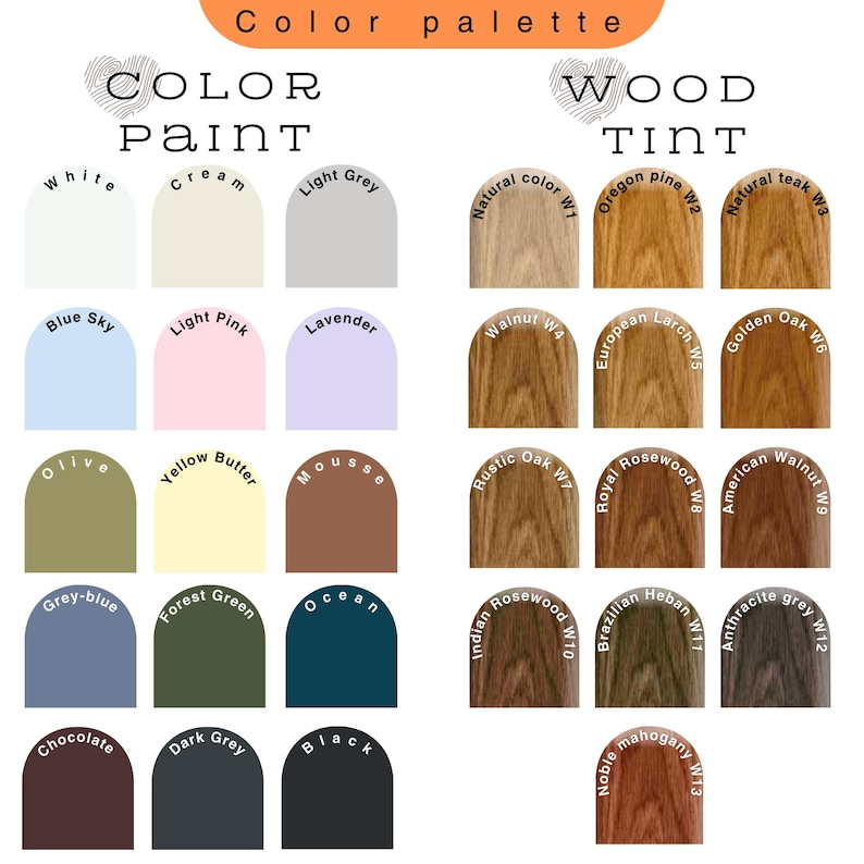 Pu&ograve; includere: Una tavolozza di colori con campioni di vernice e tinta per legno. I campioni di vernice includono bianco, azzurro, crema, rosa chiaro, lavanda, oliva, giallo burro, mousse, grigio-blu, verde foresta, oceano, cioccolato, grigio scuro e nero.