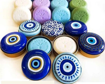 Wedding Favors Soapy Evil Eye Metal Round Box, Jewelry Box, Evil Eye Candy Box,  Personalized Bridal Shower, Evil Eye Talisman,Baptism Favor