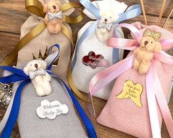Teddy Bear Favor Bag, Baby Shower Baptism Treat, Custom Ribbon