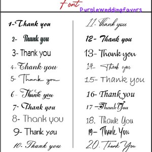 Puede incluir: Un gr&aacute;fico que muestra 20 fuentes manuscritas diferentes de la frase "Gracias".