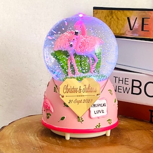 Personalized Flamingo Snow Globe, Music Box Night Light, Lighted Musical Globe, Special Snow Globe for Lovers, Birthday Gift