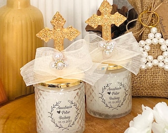 Wedding gift for guests, Baby shower gift, Baptism candle gift, Personalized cross crystal candle thank you gift,