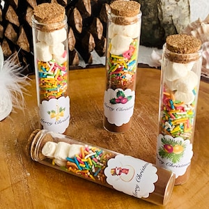 Heiße Schokolade Gastgeschenke, Heiße Schokolade mit Marshmallow, Weihnachtsgeschenke, Weihnachtsgeschenk, Heiße Schokolade im Reagenzglas
