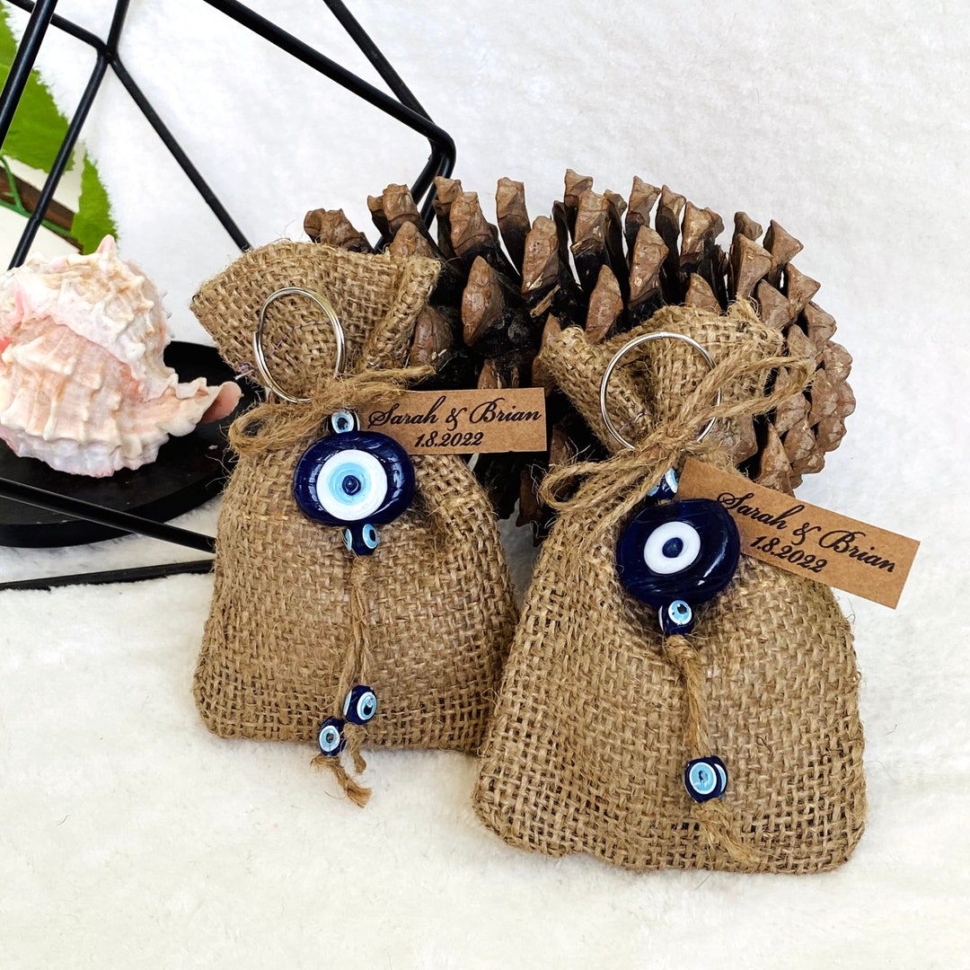 Personalized Glass Evil Eye Keychain Favors: Jute Candy Bag, Wedding ...