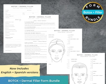 May include: A printable bundle of forms for Botox and dermal filler treatments. The bundle includes a patient registration form, patient care instructions, and treatment record forms for both male and female patients. The forms feature a simple design with black text on a white background.