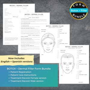 May include: A printable bundle of forms for Botox and dermal filler treatments. The bundle includes a patient registration form, patient care instructions, and treatment record forms for both male and female patients. The forms feature a simple design with black text on a white background.