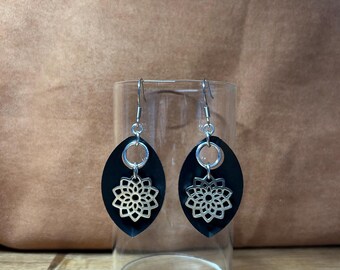 Black Lotus Earrings – Boho Spiritual Jewelry – Mandala Dangle Earrings – Minimalist Gothic Style