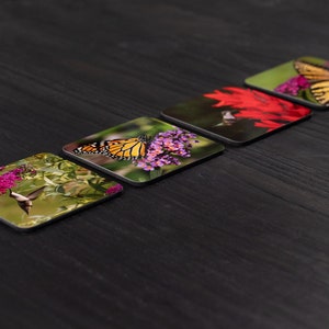 May include: Four square coasters with different images of butterflies and hummingbirds on a dark wood surface. The coasters feature a variety of colors, including red, yellow, orange, green, and purple.
