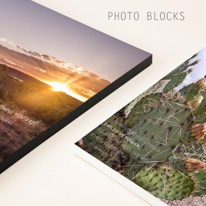 May include: Two photo blocks with inspirational quotes and nature scenes. The first block features a sunset over a desert landscape with the text "Faithful you are! I need." The second block features a close-up of a prickly pear cactus with the text "The strength of Christ's explosive power infuses me to conquer every difficulty. Philippians 4:13 TPT."