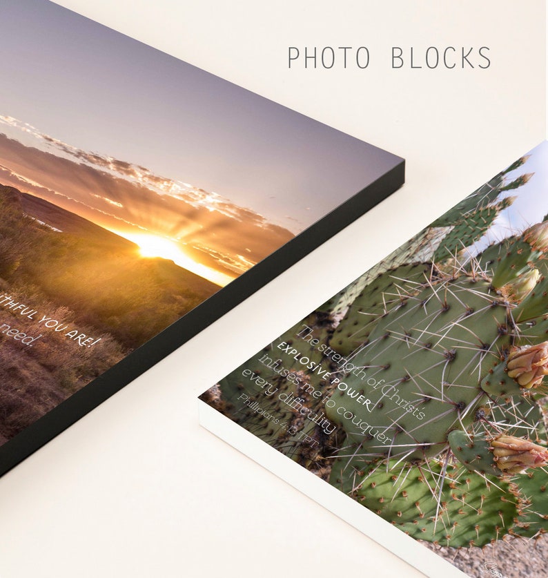 May include: Two photo blocks with inspirational quotes and nature scenes. The first block features a sunset over a desert landscape with the text "Faithful you are! I need." The second block features a close-up of a prickly pear cactus with the text "The strength of Christ's explosive power infuses me to conquer every difficulty. Philippians 4:13 TPT."