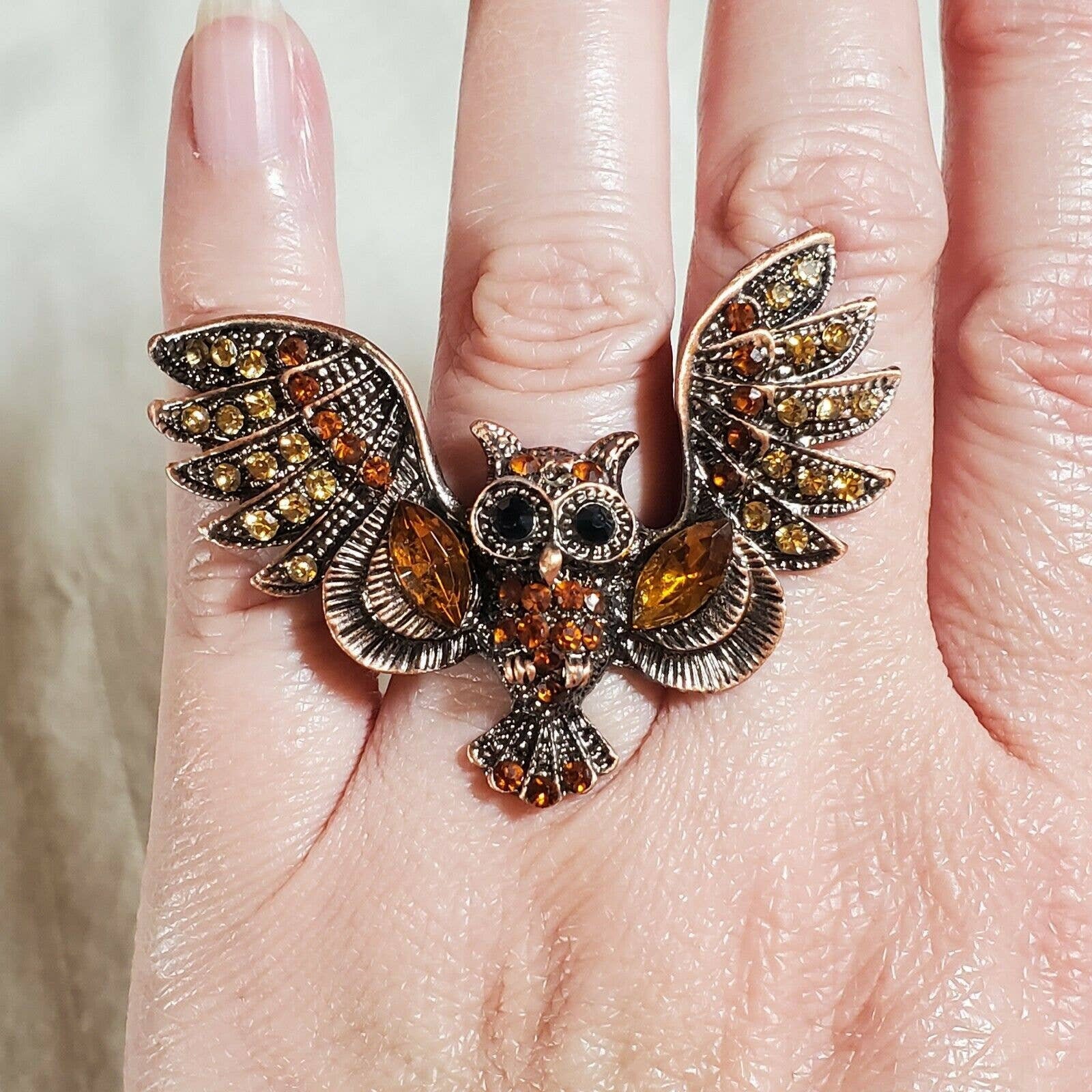 Bronze Tone Alilang Adjustable Owl Ring With Glass Rhinestones Etsy