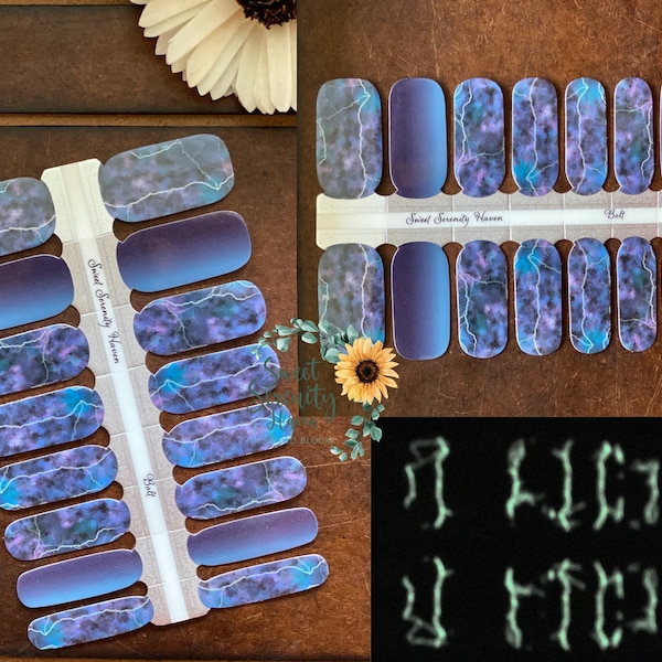Bolt Nail Polish Wraps; Glow in the Dark Nail Strips; Lightning glow Accents; Purple and blue abstract nature Nail Art