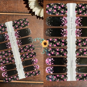 Dutchess Nagellak Wraps; Zwarte en roze nagelstrips; Glanzend; Rose Flower Nail Art; Bloemsierkunst