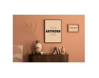 Interior design of living room interior with mock up poster frame, wooden sideboard, vase with branch, books and personal accessories.