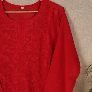 Red Lucknowi Chikankari Cotton Short Kurta