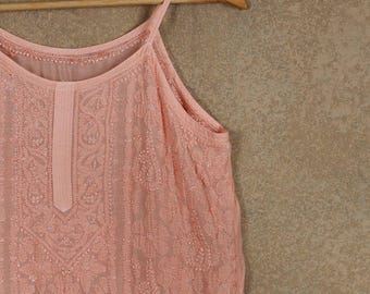 Handmade Peach Lucknow Chikankari Soft Muslin Short Kurta (Spaghetti) for Women | Hand Embroidered Indian Top