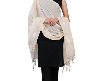 Firgunbeige Lucknowi Chikankari-weefsel Chanderi Dupatta voor dames, beschilderbare stof, 100% handgeborduurd