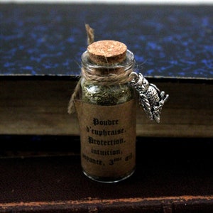 Può includere: Un piccolo barattolo di vetro con un tappo di sughero riempito di erbe secche e un ciondolo a forma di gufo d'argento. Il barattolo ha un'etichetta che recita "Poudre d'euphraise, protezione, intuizione, speranza, 3 volte olio."