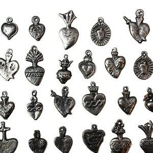 Authentic Mexican milagros, ex voto, set of 10 milagritos charms, hearts, Sacred Heart, amulets, travel altar, wicca, Mexico