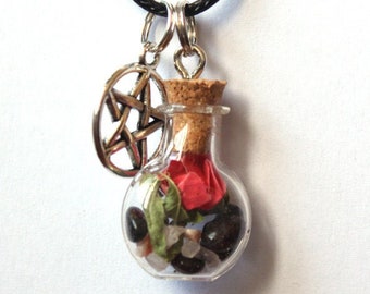 Love and attraction spell necklace - pentacle - amulet - talisman - magic jewel - spell jar - witch pot - stones, plants salt vial