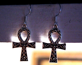 Boucles d'oreilles argentées chargées positivement, mauvais oeil, ankh, croix égyptienne, sorcière, autel, porte-bonheur, amulette, sandman