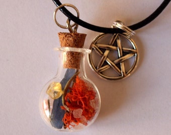 Positive energy spell necklace - pentacle - amulet - talisman - magic jewelry - spell jar - witch's pot - stones, plants, salt, vial