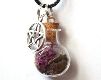 Collier sort protection des sorcières - pentacle - amulette - talisman - bijou magique - spell jar - pot de sorcière - pierres plantes sel
