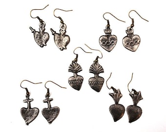 Earrings made from authentic Mexican milagros and positively charged - hearts, sacred heart, Mexico, ex-voto charms