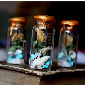 May include: Three small glass bottles with gold lids filled with dried flowers, seashells, and turquoise stones.
