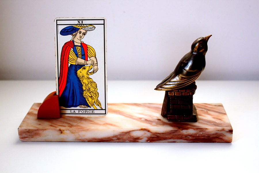 Porte-Carte de Tarot en Marbre et Laiton - Objet Vintage Français 1970 Corbeau, Corneille, Oiseau Od