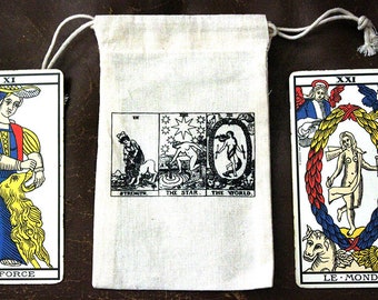 Sachet à cartes de Tarot, à pendule ou à cristaux - Tarot de Marseille, force étoile monde - divination - sac deck - sorcière - autel