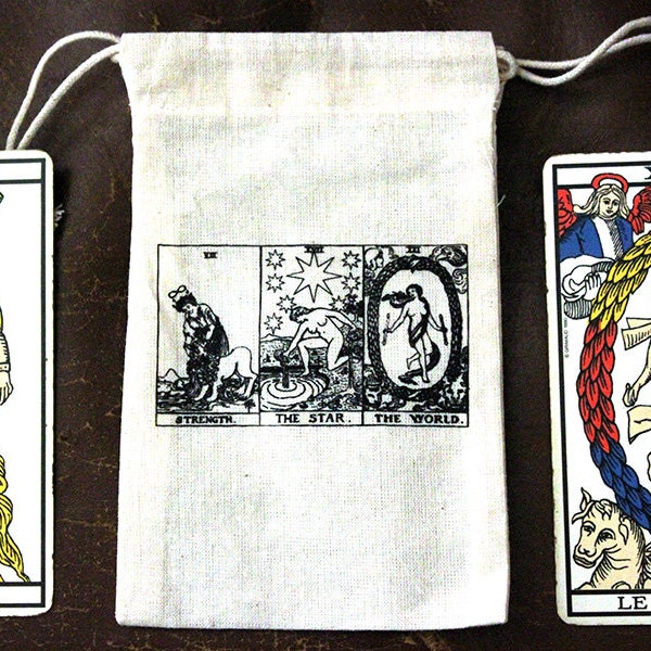 Sachet à cartes de Tarot, à pendule ou à cristaux - Tarot de Marseille, force étoile monde - divination - sac deck - sorcière - autel