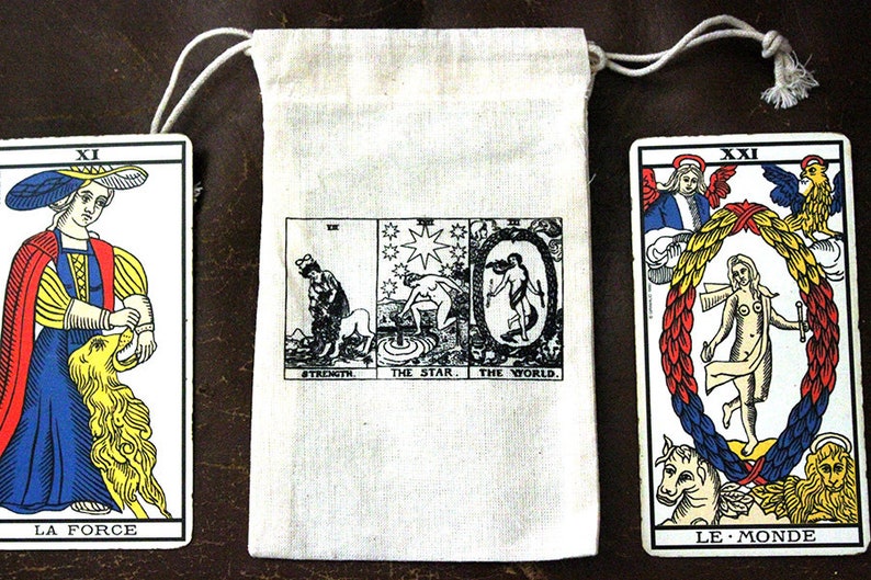 Bag of Tarot cards, pendulum or crystals Tarot de Marseille, world star force divination deck bag witch altar image 1