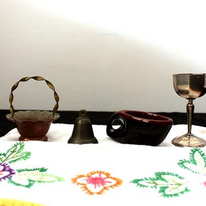 Vintage 1960s Travel Altar, 5 Mini Items, Chalice Offering Bowl Ewer or Candle Holder Altar Cloth, Copper and Porcelain Witch Box