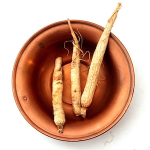 Può includere: Tre radici di ginseng essiccate in una ciotola di rame. Le radici sono di colore marrone chiaro e hanno una consistenza ruvida.