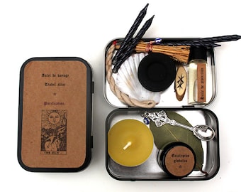 Purification Travel Altar, 13 Items, Mini Witch Kit, Witch Box in Small Box, Voodoo Hoodoo Santeria Wicca Ritual for Beginners