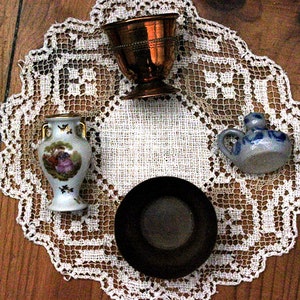 Vintage travel altar from the 1960s 5 mini items, brass chalice, offering bowl, mini candle holder, altar cloth, witch box porcelain ewer