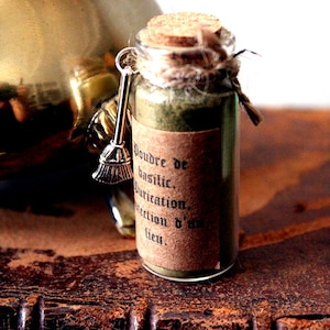 May include: A small glass jar with a cork stopper and a brown paper label that reads "Poudre de basilic. Purification. Protection d'un lieu." The jar is filled with a green powder and has a silver broom charm attached to it.