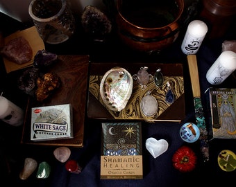 Mystery witch kit - mystery witch box - hangings, tarot, crystals, jewelry, spell jar, offering bowls, pendulum, plants, incense, stones...